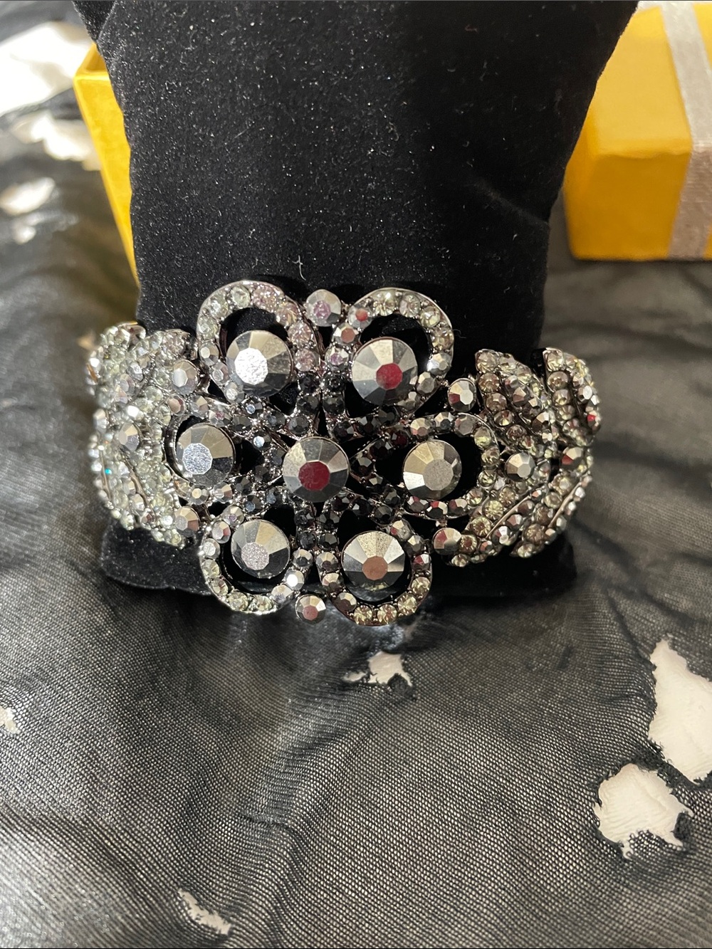 Crystal Flower Statement Bracelet - Silver Tones